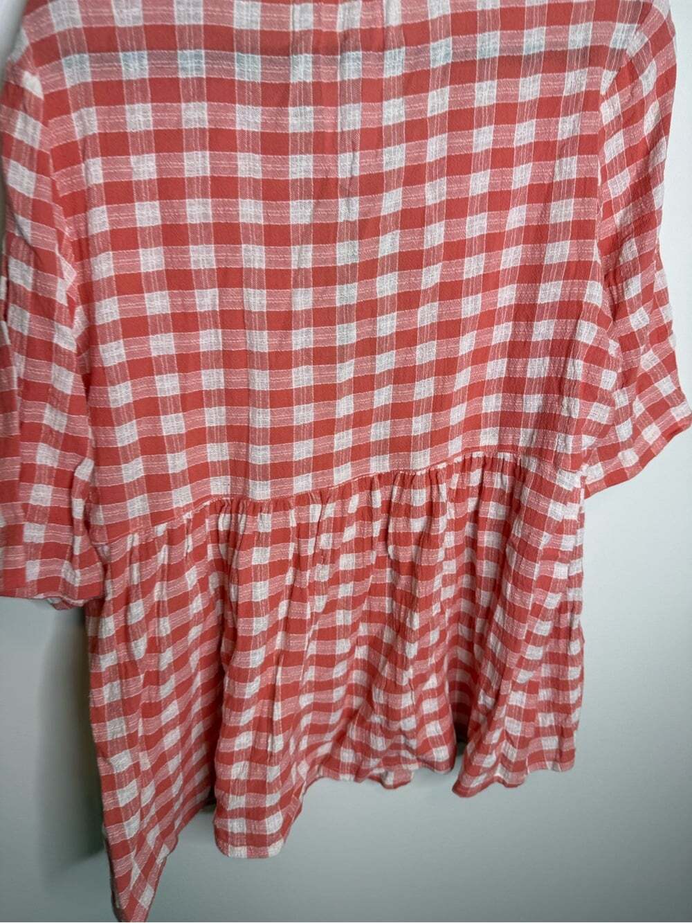 April Cornell Coral and White Gingham Peasant Top with Floral Trim size XL - Picture 6 of 7